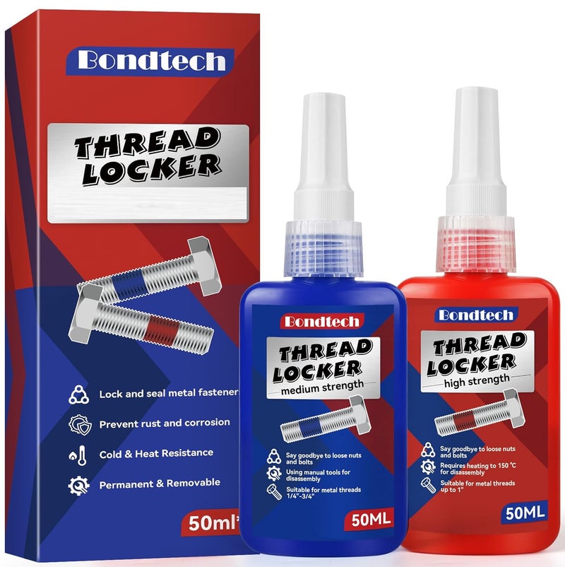Bondtech Thread Lock Blue and Red, Threadlocker Medium and High Strength, Thread Locker for Nuts, Bolts, Fasteners and Metals, Against Losening and Leakage (Medium-High-100ml) - Image 1